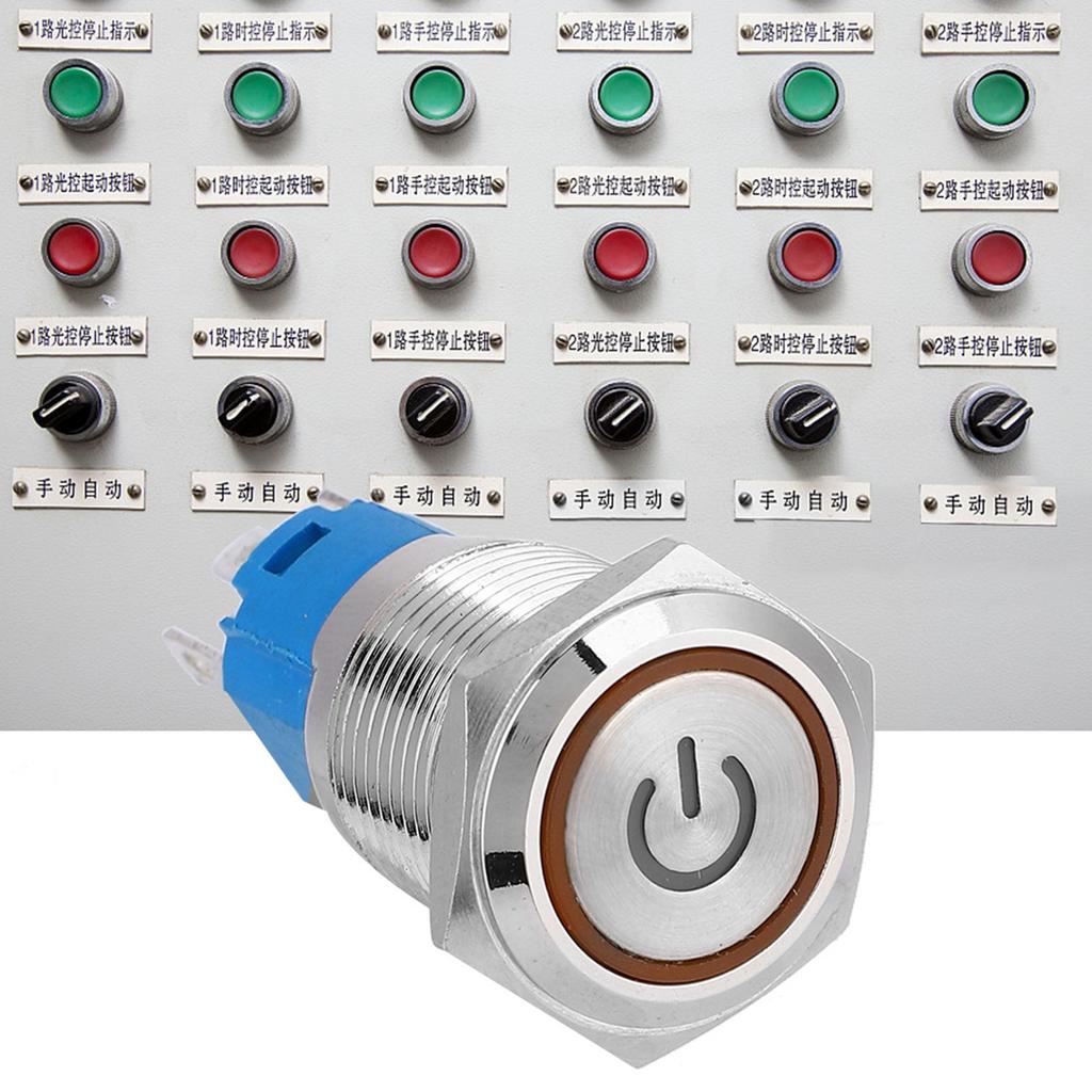 Yellow LED Flat Round Head Self Reset Metal Push Button Ring with Power Symbol 16mm 12V