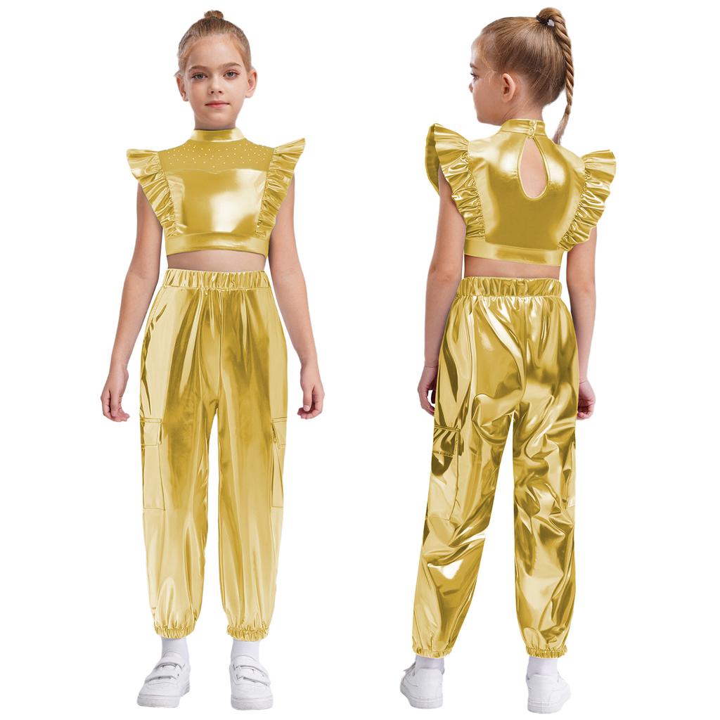 Kids Girls Hip-Hop Jazz Dance Set Mock Neck Rhinestone Mesh Patchwork Sleeveless Metallic Ruffle Crop Top with Shiny Cargo Pants