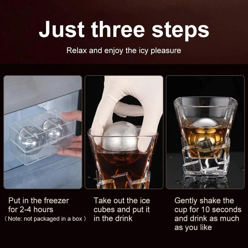2Pcs Round Whiskey Stones Ball Shape Reusable Stainless Steel Ice Cubes Golf Ball Whiskey Stones Ball Metal Ice Gift Set