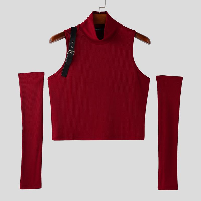 INCERUN Men Turtleneck Sleeveless Rib Casual Fitted Crop Tank Tops with Oversleeve