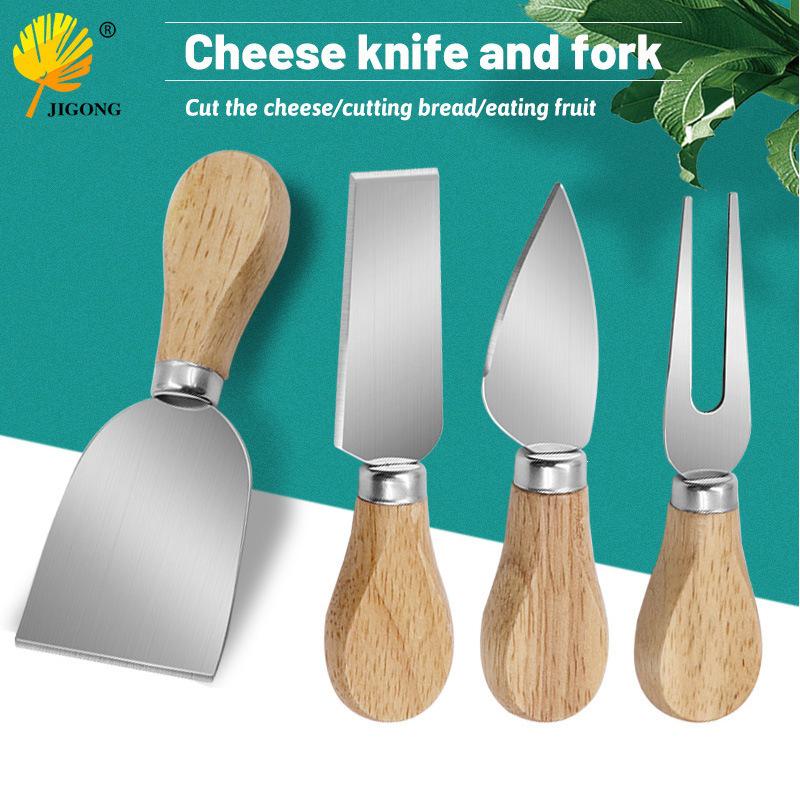 Stainless Steel Cheese Knife Set with Oak Handles: Butter Knife, Pizza Knife, Cheese Knife, and Fruit Fork (4-Piece)