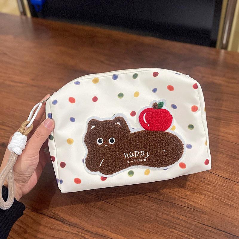 Cute Kitten Apple Cat Polka Dot Makeup Bag Sweet Trendy Cosmetic Bag Large Capacity Travel Portable Storage Bag Pencil Case Gift