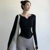 Women's Beige Sports Long Sleeve Top V-neck Side Ruched Stretchy Fitted Yoga Activewear