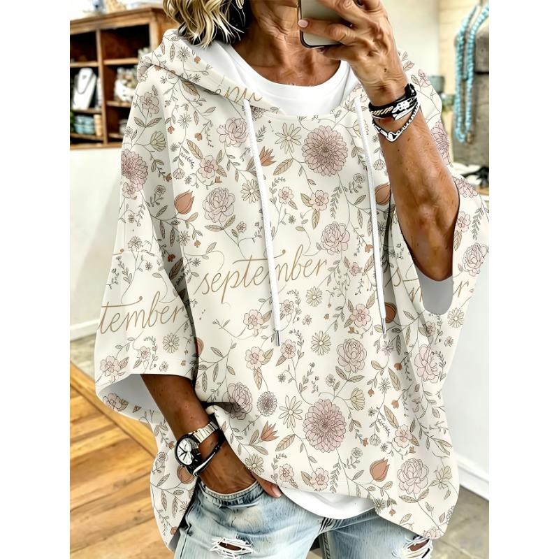 Plus size women's plus size drawstring hooded tops, high-end and elegant plus size women's clothing, exquisite prints, fresh florals
