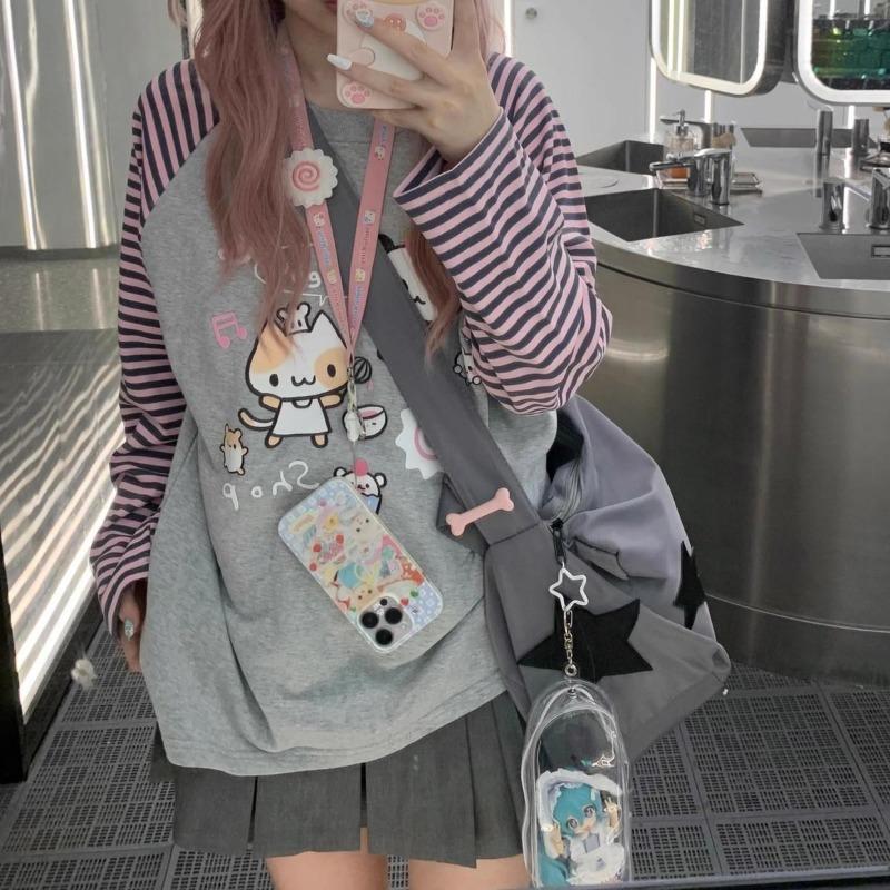 2KWEIRD Y2k Harajuku Kawaii Striped Hoodie Women Japanese Fashion Patchwork Cartoon Print Sweatshirt