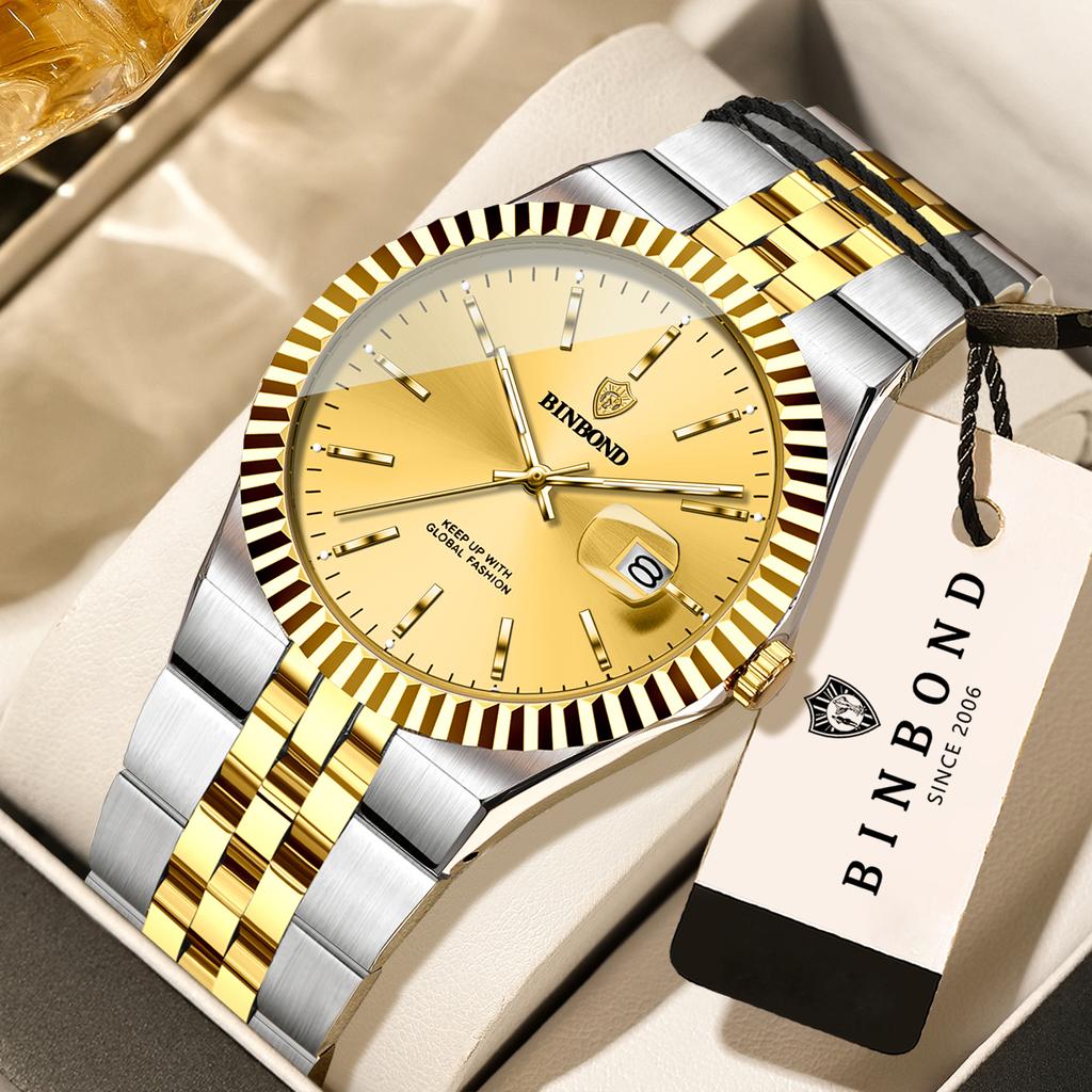 BINBOND Stainless Steel Luminous Waterproof Watch For Man Luxury Reloj Original Accurate Quartz Men's Watches Auto Date Sturdy