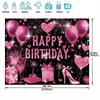 Ροζ χρυσό ύφασμα φόντου Happy Birthday, μαύρη ροζ χρυσή κορδέλα γενεθλίων ροζ χρυσό λογότυπο Happy Birthday διακόσμηση