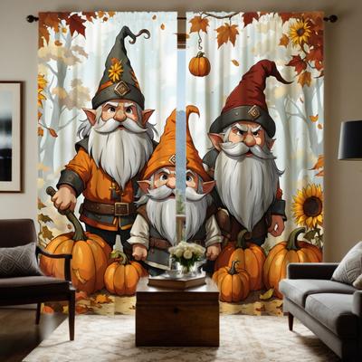 2pcs HD Thanksgiving Long Hat with Three Dwarf Pumpkin Decorative Curtains Yellow Tie Digital Printed Curtains Home Decor Sty