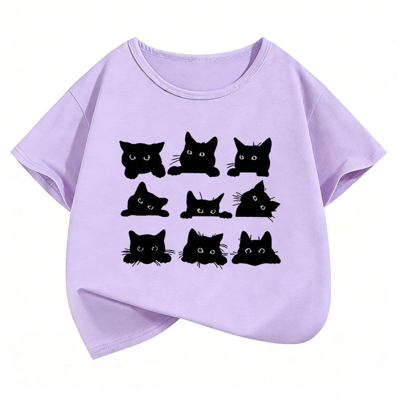 Cute Black Cat Graphic Kids Tshirts Summer Short Sleeve Tees Cartoon Animal Boys Girls Clothes Kawaii Tops Y2K Children Tshirt