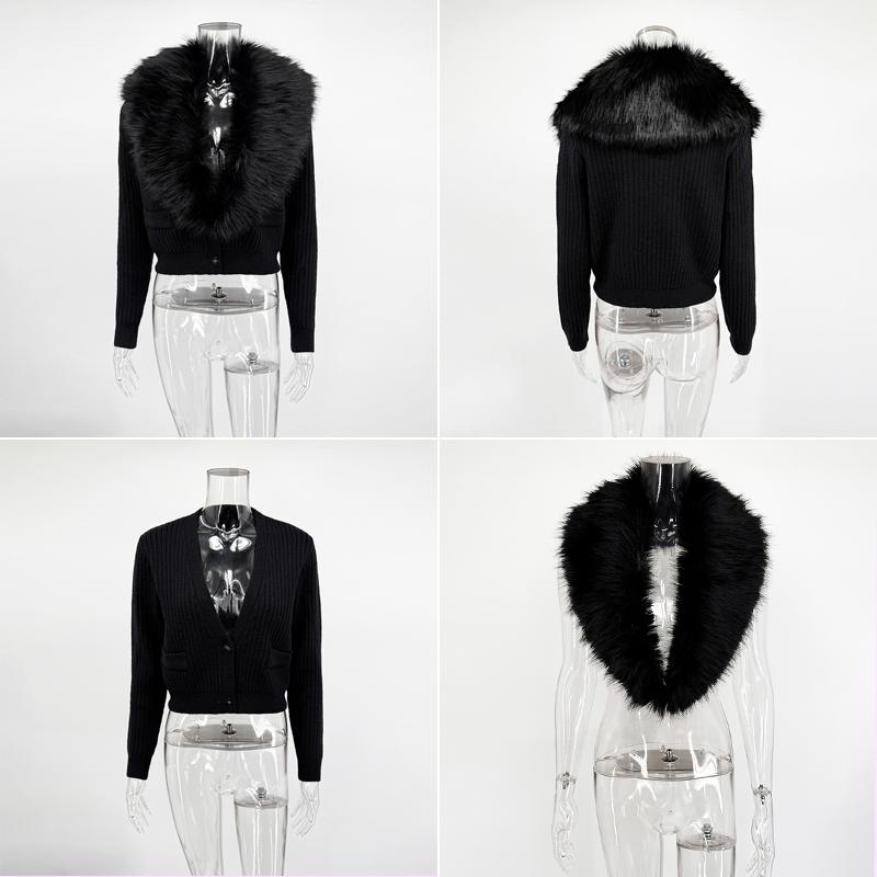 Dámský Černý Svetr s Kožešinovým Límcem Módní Elegantní Pletené Kabáty s Dlouhým Rukávem Štíhlé Svetry Vintage Streetwear Svetr Cardigan
