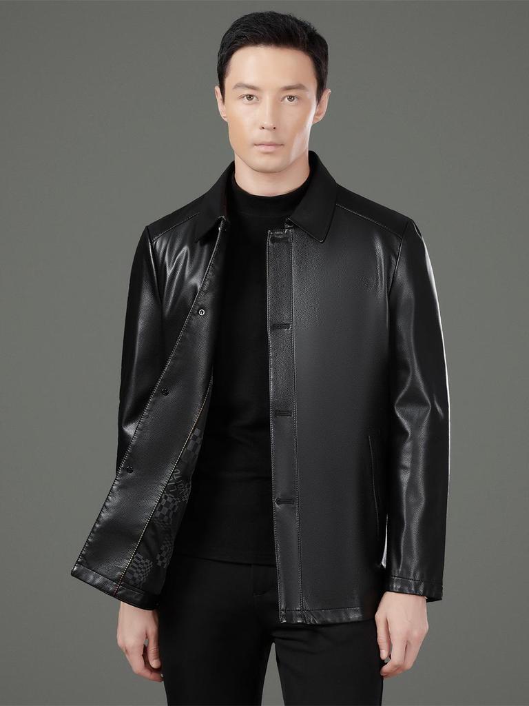 Men's Genuine Sheepskin Lapel Coat - Winter 2025 Single-Breasted Leather Jacket with Plush Lining for Middle-Aged Dads