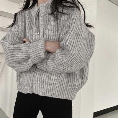 Short Zipper Sweater Jacket Women's Fall and Winter Round Neck Senior Sense of Lazy Wind Knitted Cardigan