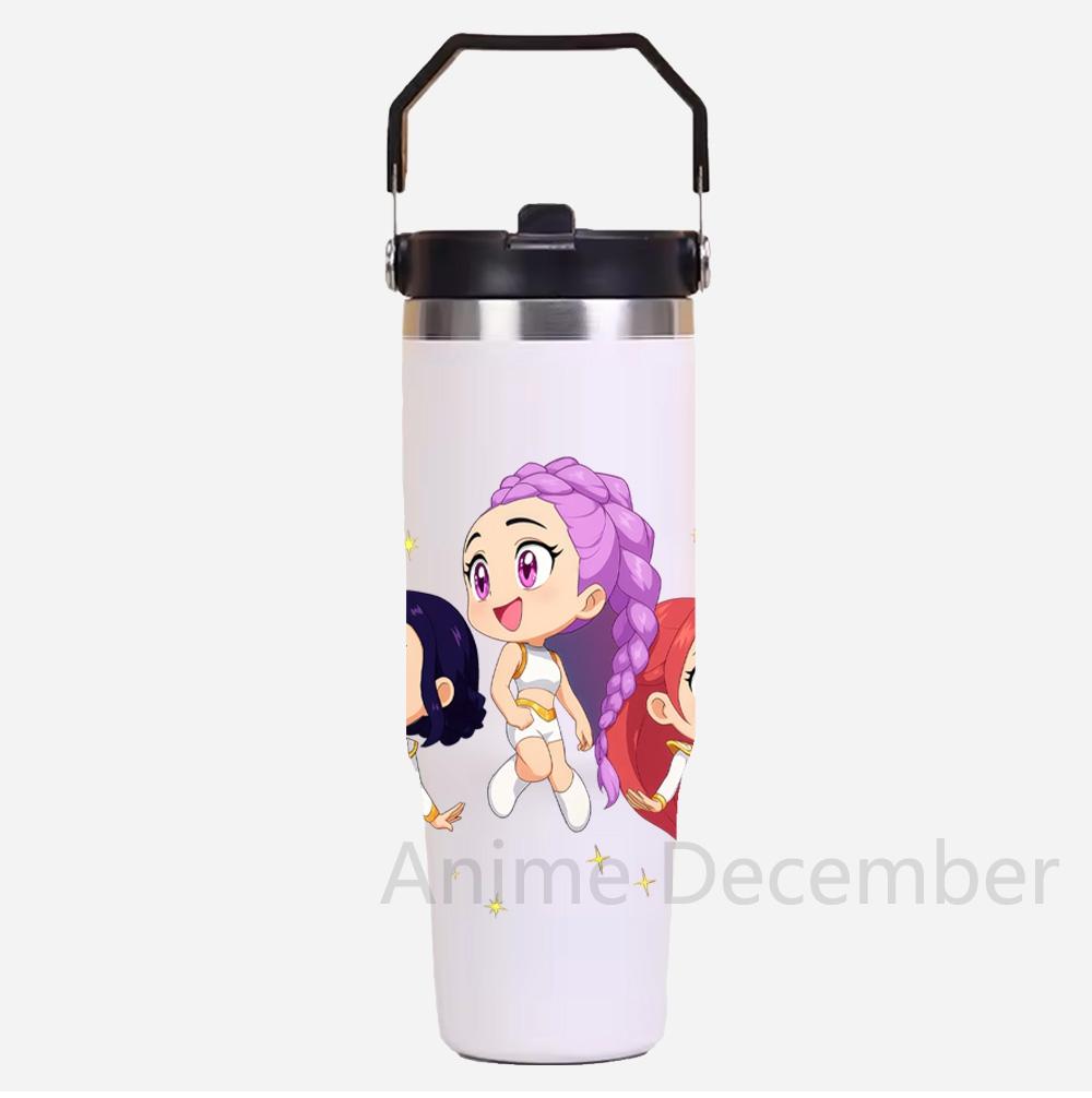 30Oz Anime K-Pop Large Capacity Portable Car Cup Stainless Steel Thermos Cup with Straw Handle Travel Sports Water Bottle Vacuum Flask
