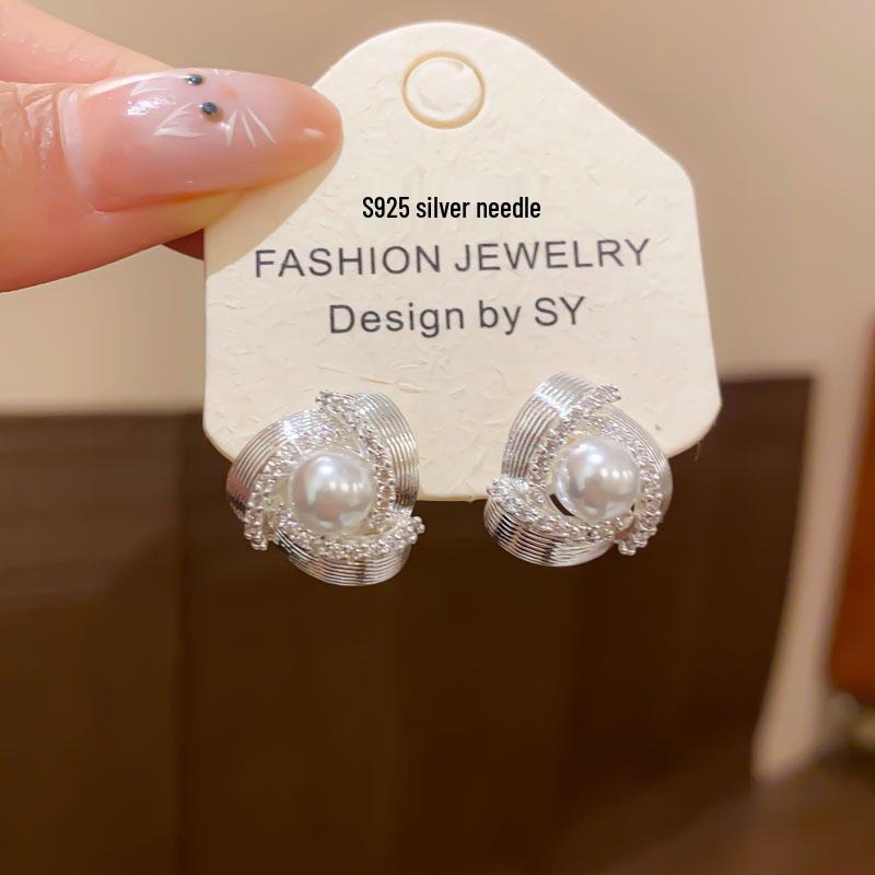 Silver Triangle Swirl Stud Earrings with Zircon and Pearl – French Retro, Luxurious Versatile Design