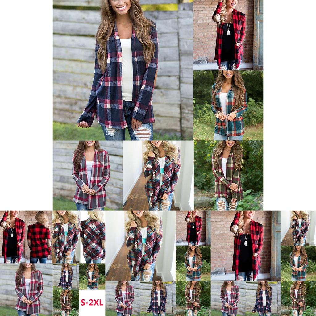 Cozy Women Plaids Cardigan T-shirt With Stylish Lapel Collar For Casual Wear