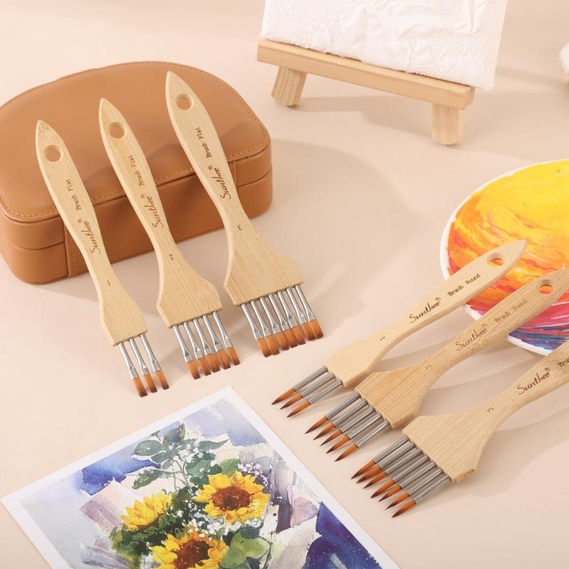 3Pcs Artist Paint Brush Set Multi Head Wood Handle Paint Brushes with Soft Nylon Bristles For Oil Watercolor Acrylic