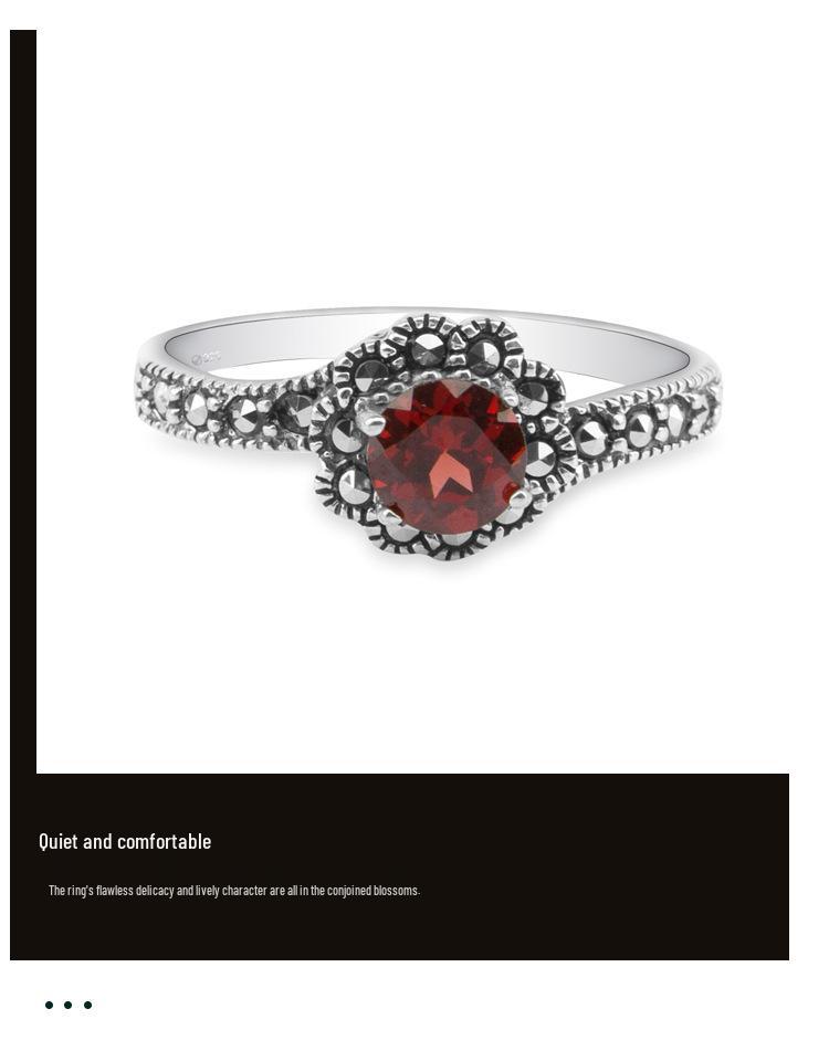 Elegant S925 Thai Silver Ring with Natural Garnet, Ruby, and Marcasite