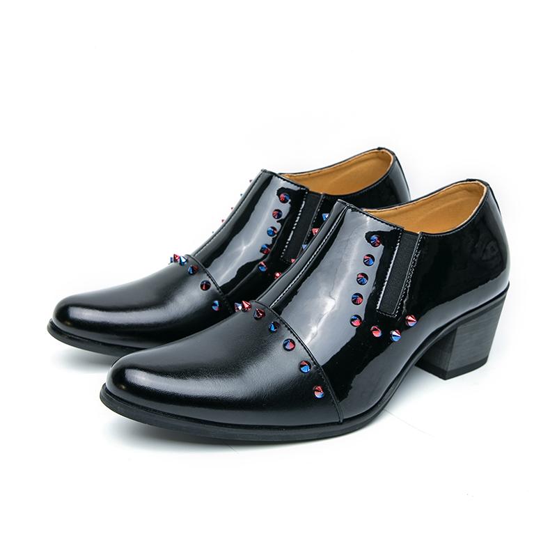 New Men's Pointed Colours Rivet Slip On Patent Leather Height Increasing Shoes Designer Wedding Prom Homecoming Footwear