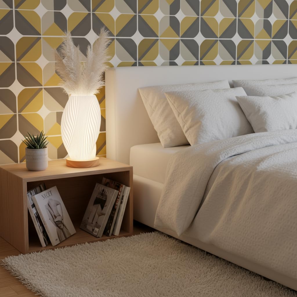 Tafunker Modern Table Lamp with Wooden Base, Decorative Mesh Pattern, Warm White Light for Bedside (Wave Pattern, Large)