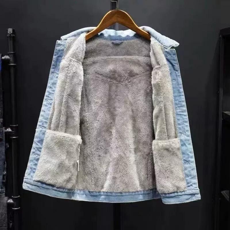 Thickened Fleece-Lined Denim Jacket Men's Loose Fit Warm Work Clothes Trendy Korean Style Versatile Plus Size Casual Wear