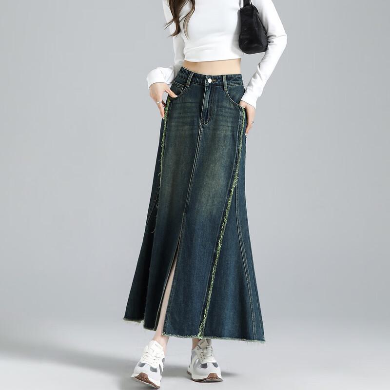 Urban Retro Distressed Denim Mermaid Midi Skirt