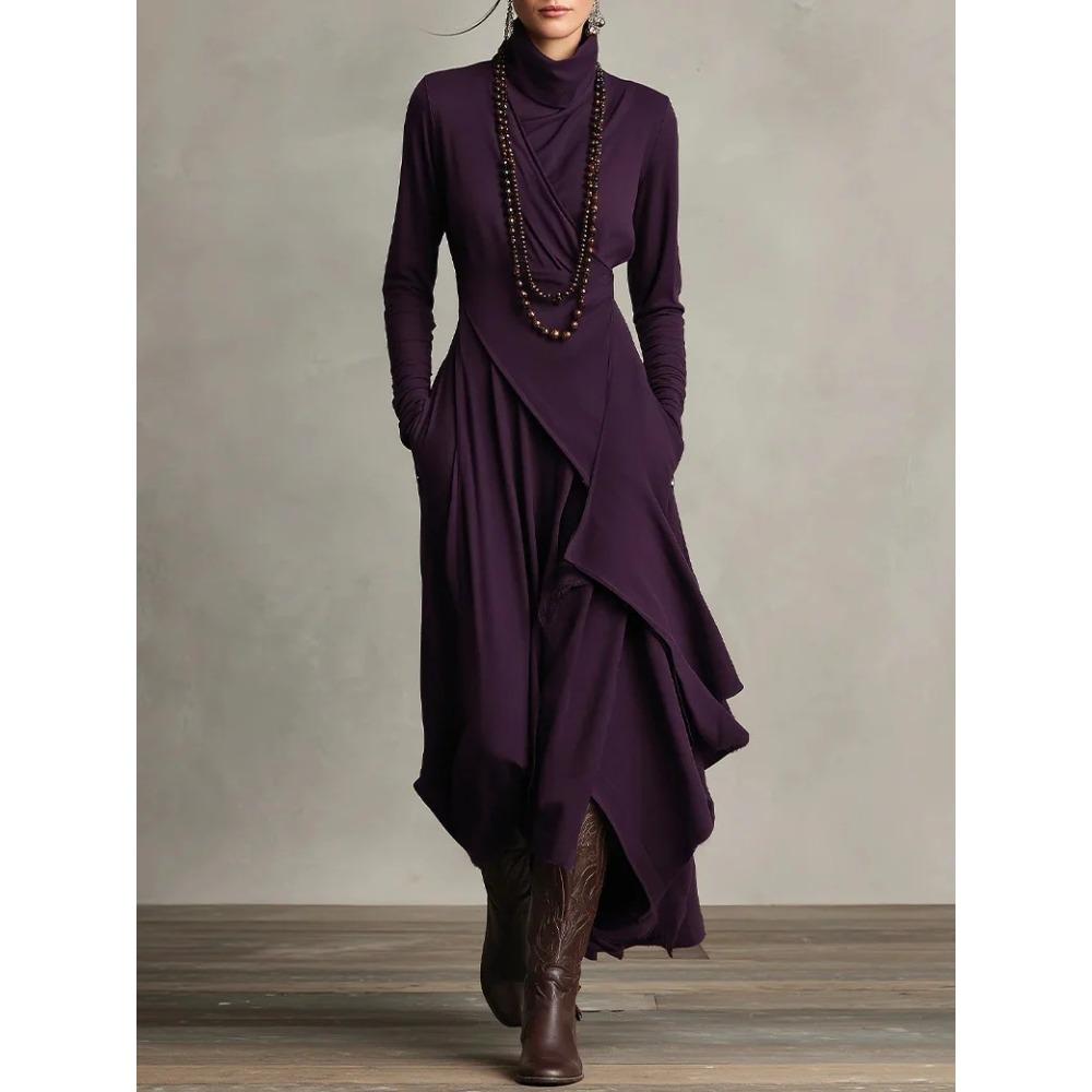 European size women s clothing, autumn clothing solid color, long sleeves crossed, turtleneck, dress long dress S фиолетовый