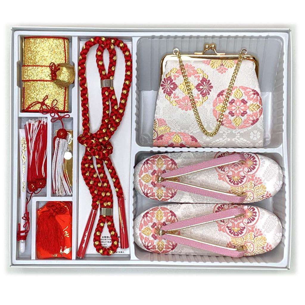 Muromachi Obi Hakoseko Set 7 Years Old Girl Large Size Zori Bag Obijime Hakosako Obi Set 753 Flower FPS021 [Kyoto st. ] Shichi-Go-San "White, Pattern"