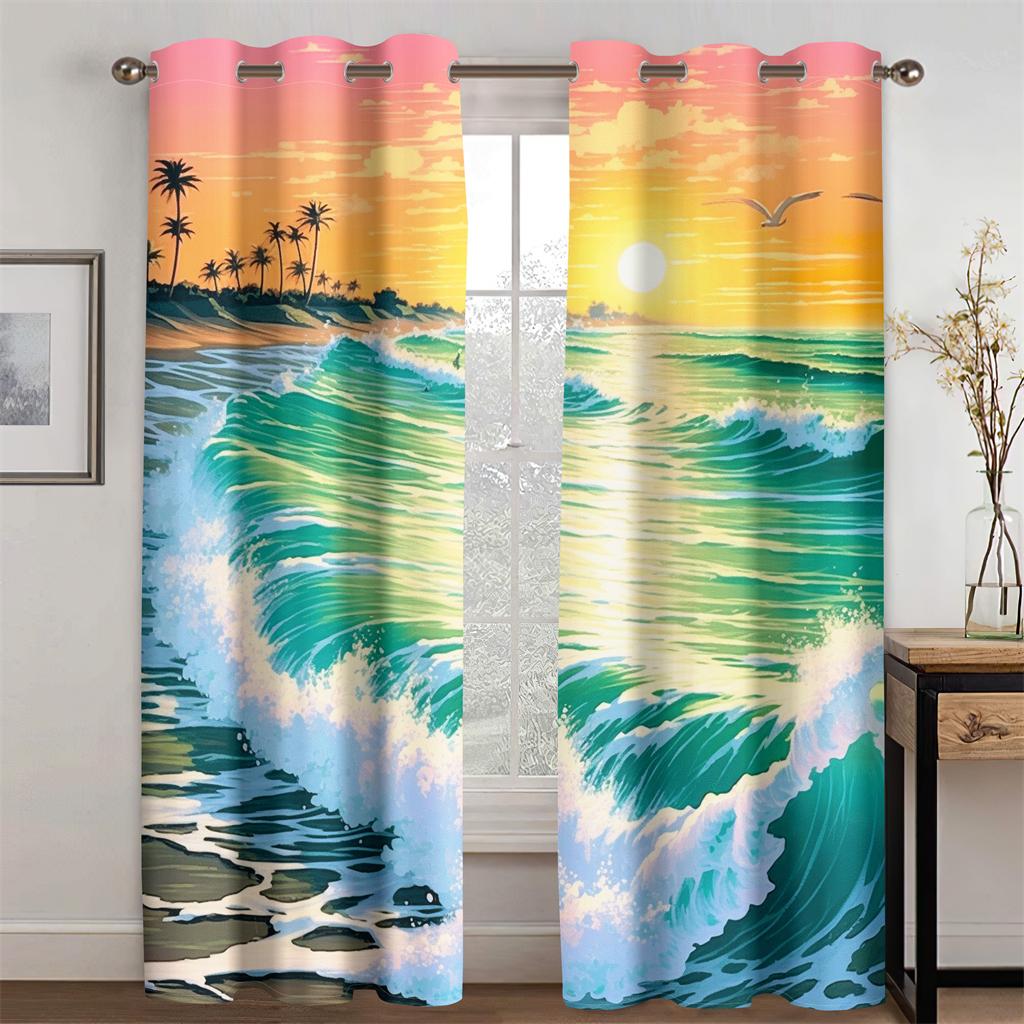 

Romantic Color Ocean Waves Landscape Curtains 2 Panel Living Room Bedroom Balcony Window Decoration Curtains Anime Style 50W130H(CM)X2PCS&Hook