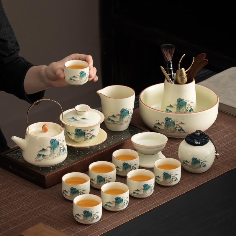 Light Luxury National Style Splendid Mountains and Rivers Ru Kiln Tea Set Household Teapot Tea Set Office Business Printing