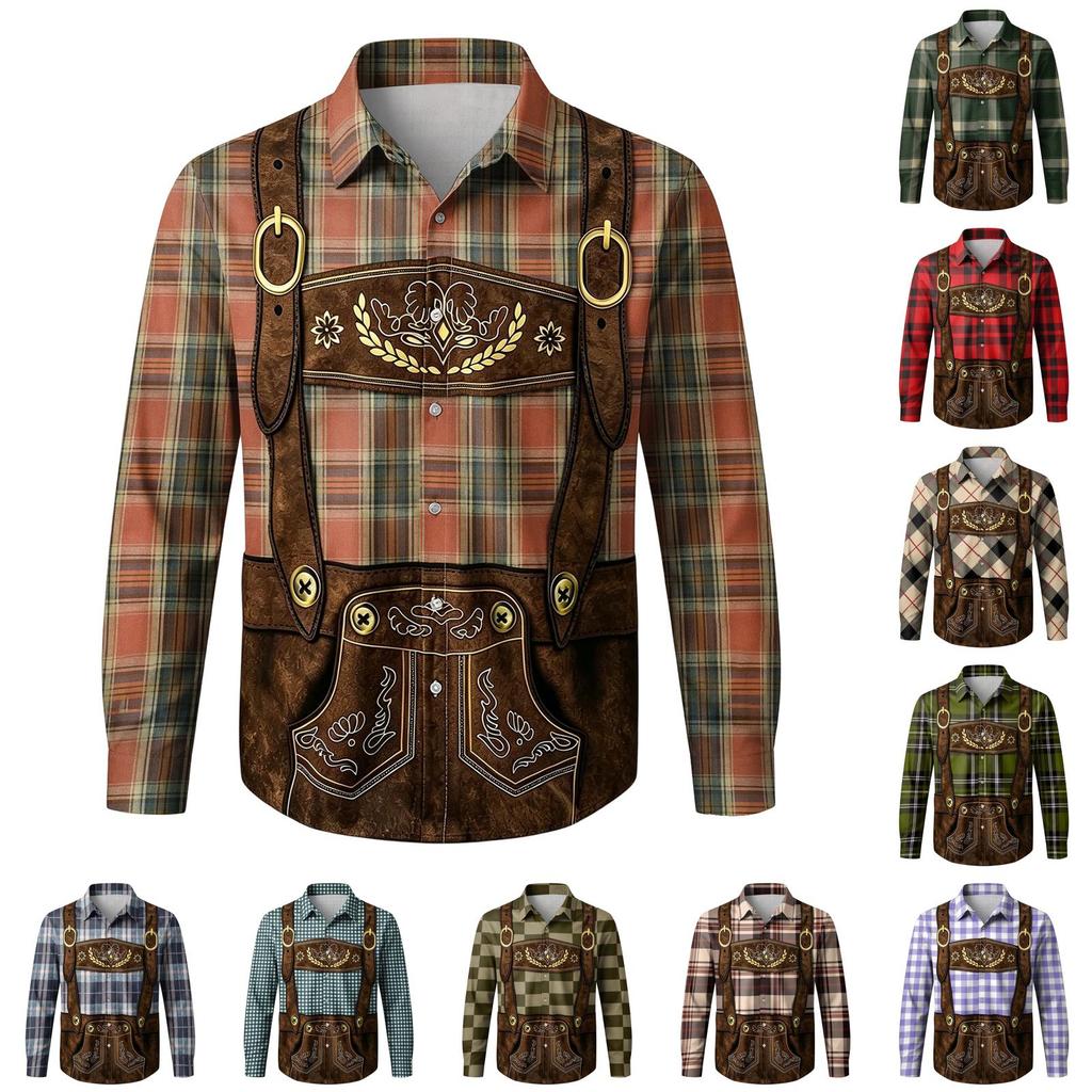 Men’s 3D Printed Loose Fit Turn-Down Collar Long Sleeve Shirt Vintage Plaid Design Casual Retro Style for Festivals Outdoor Parties