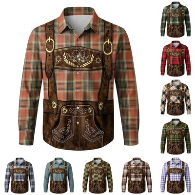 Herren Hemd mit 3D-Druck, lockere Passform, Umlegekragen, lange Ärmel, Vintage Karomuster, lässiger Retro-Stil für Festivals und Outdoor-Partys