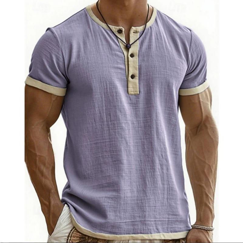 Men Summer New Vintage Contrast Color Casual Henley Neck Short Sleeve T Shirt Polo