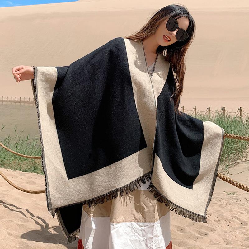 Stylish and comfortable breathable scarf, warm cape, ethnic style imitation cashmere shawl, travel photo, personalized cape 150*130cm чёрный