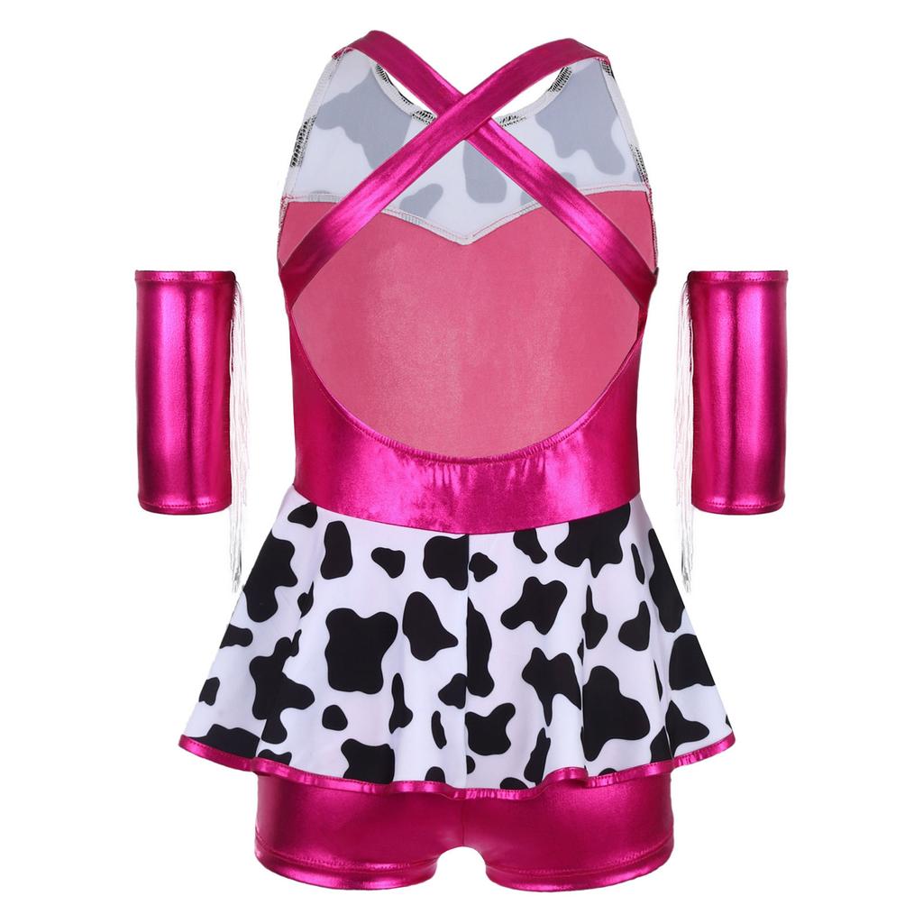 Girls Cowgirl Costume for Cosplay Party Metallic Gloss Cross Back Straps Fringed Dress with Built-in Shorts