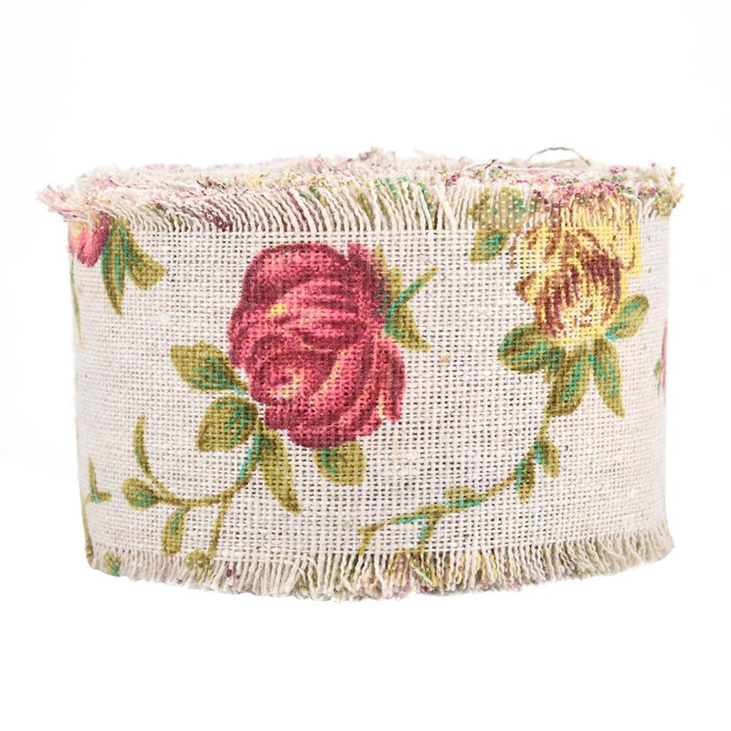 DIY Printed Rose Flower Burlap Ribbon Hessian Jute Belt Strap Wedding Cloth Decoration 10m