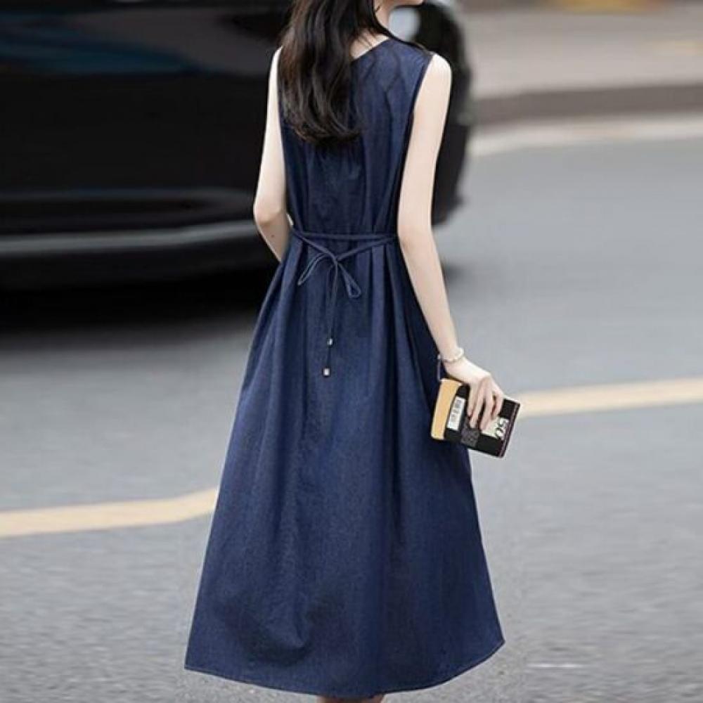 Navava Casual Waist Belt Shirring Round Neck Sleeveless Dress No980