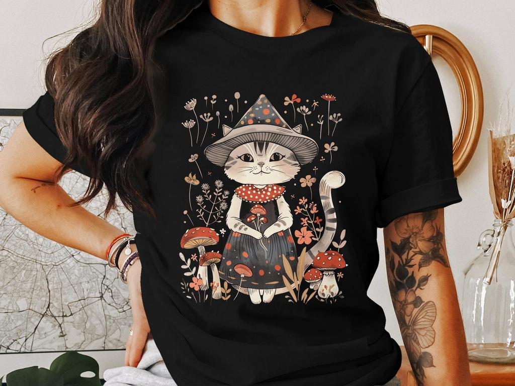 Whimsical Cottagecore Cat Witch T-Shirt, Cute Mushroom Kitty Graphic Tee, Cottagecore Aesthetic Witchy Cat Shirt, Cozy Nature Vibes