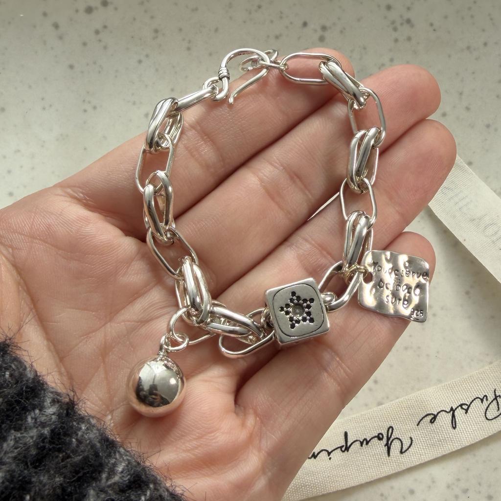 100% Solid 925 Sterling Silver Metal Bracelet for Women Men Vintage Heart Letters Handmade Simple Birthday Gift