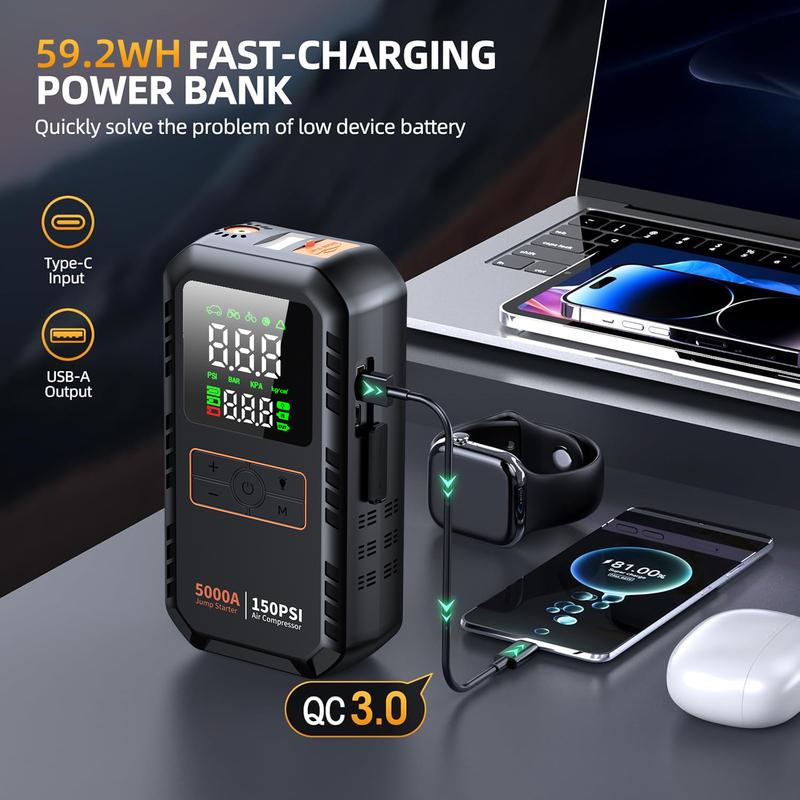 5000A 150PSI Car Jump Starter with Air Compressor Auto Tire Inflator, Large LCD Display, LED Light, for Cars, Bike & Motorcycle
