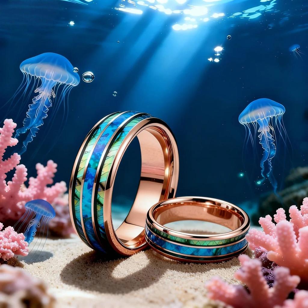 Men Rose Gold Color Stainless Steel Rings, Inlay Blue Opal Abalone Shell Rings For Men Women, Wedding Band Jewelry Gifts