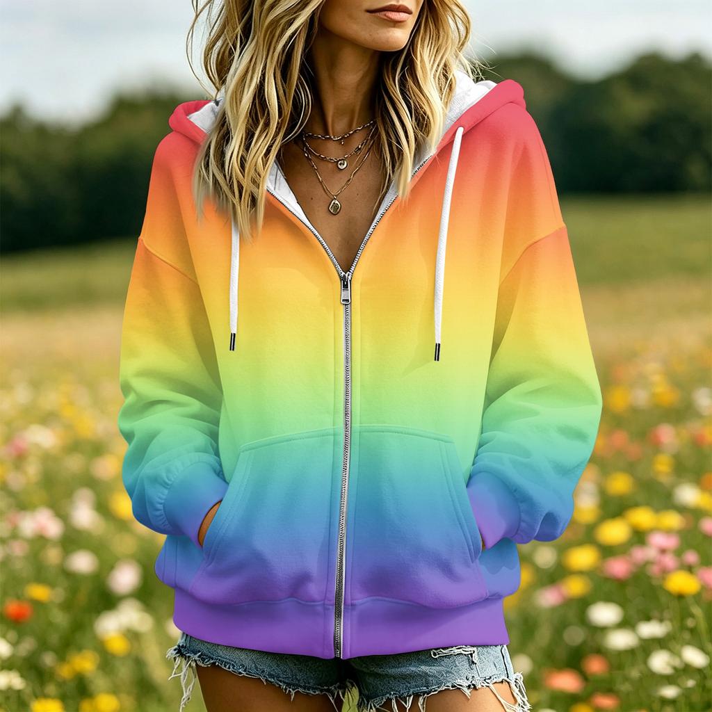 Women's Gradient Print Hooded Jacket with and Pockets for Casual