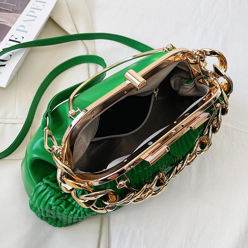 Women's Pleated PU Leather Shoulder Bags  Thick Chain  Messenger Bags  Luxurious Ladies Bags  Night Clutch  Gold  Pink  Green