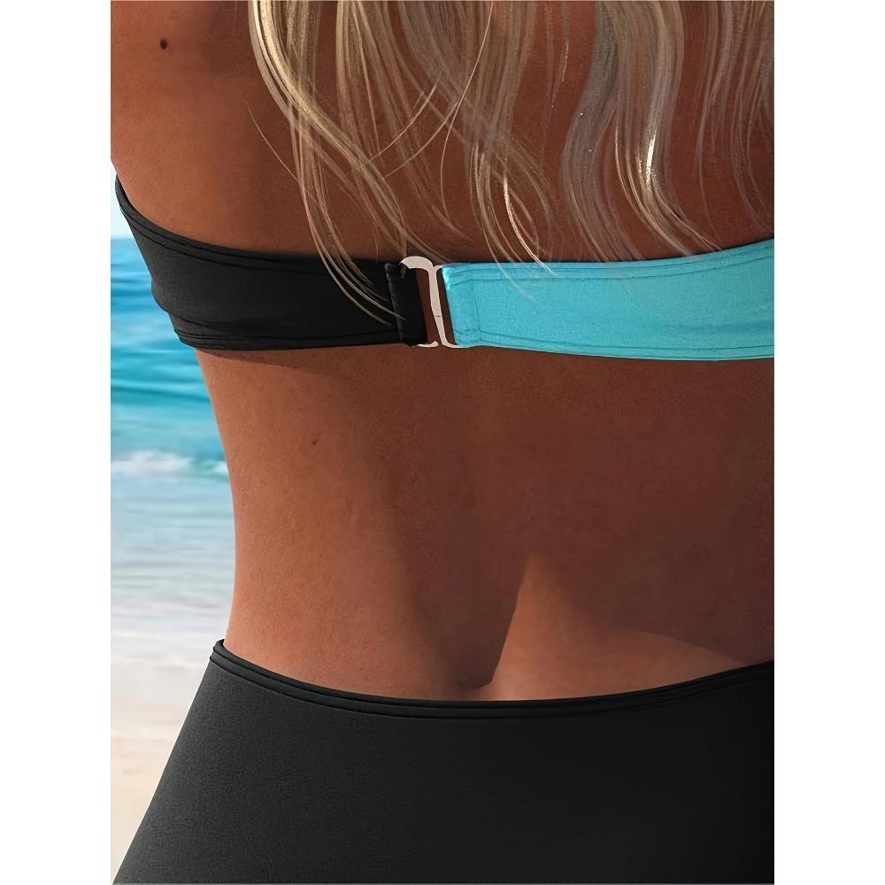 Barevný blok Criss Cross Backless 2dílná sada Bikiny, elastické plavky s ohlávkou, dámské plavky a oblečení