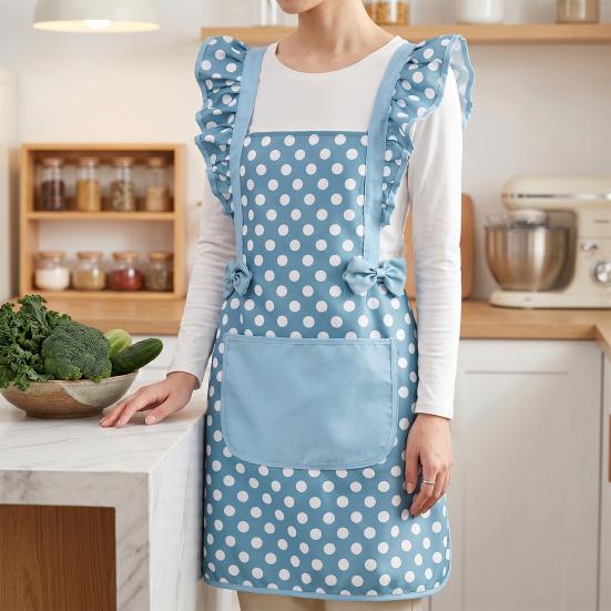 Twill Cotton Apron with Polka Dot & Ruffle Straps Water-Resistant Kitchen Apron for Cooking Baking Breathable Large Front Pocket Home Apron