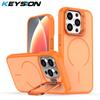 KEYSION Matte Skin Feel Lens Stand Phone Case for Magsafe for iPhone 13 14 15 Pro Max 15 Plus Magnetic Wireless Charging Shockproof Cover