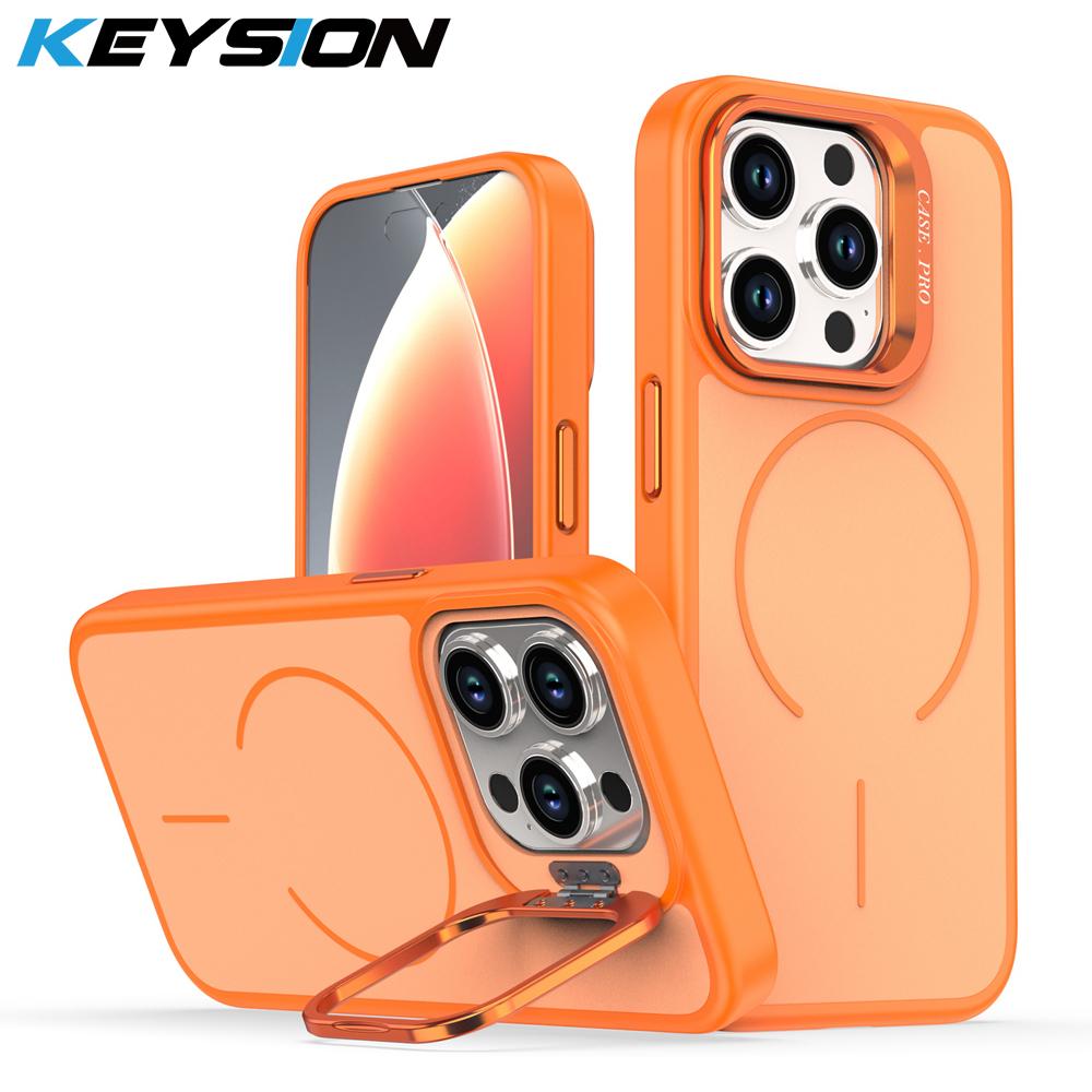 KEYSION Matte Skin Feel Lens Stand Phone Case for Magsafe for iPhone 13 14 15 Pro Max 15 Plus Magnetic Wireless Charging Shockproof Cover