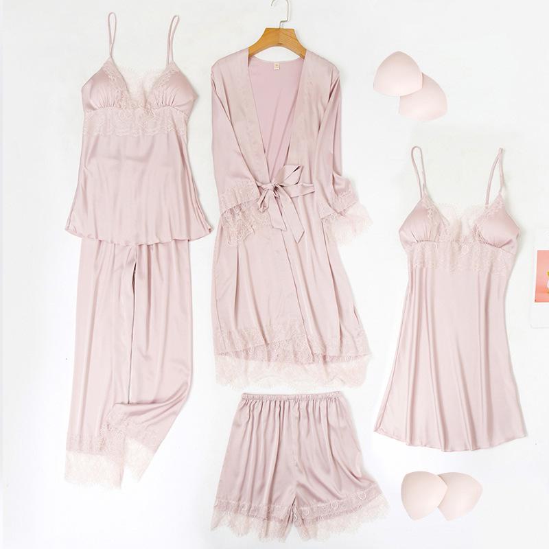Yao Ting Satin Chiffon Five-Piece Pajama Set: Ice Silk, Casual, Sexy, with Chest Pads for Spring/Summer