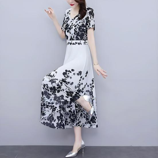 Women's Floral Maxi Dress Chinese Art Style Print A-line Long Dress Summer Short Sleeve V Neck Beach Sundress