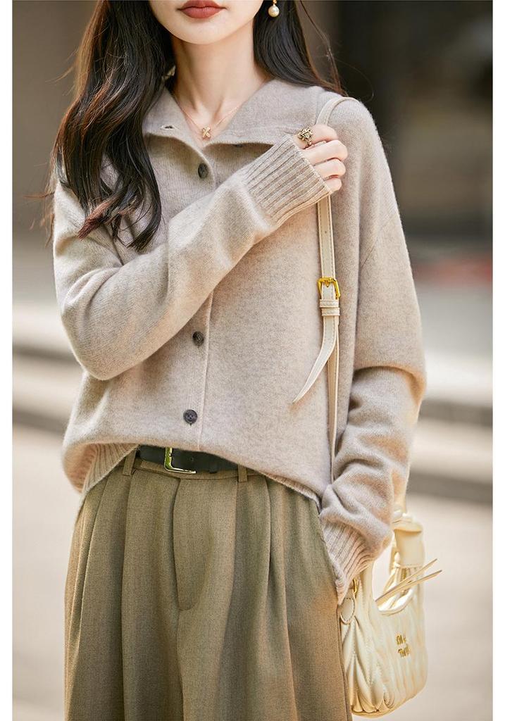 Women's 100% Wool French Stand Collar Single-Breasted Cardigan - Autumn/Winter Solid Color Knit Sweater with Rolled Hem