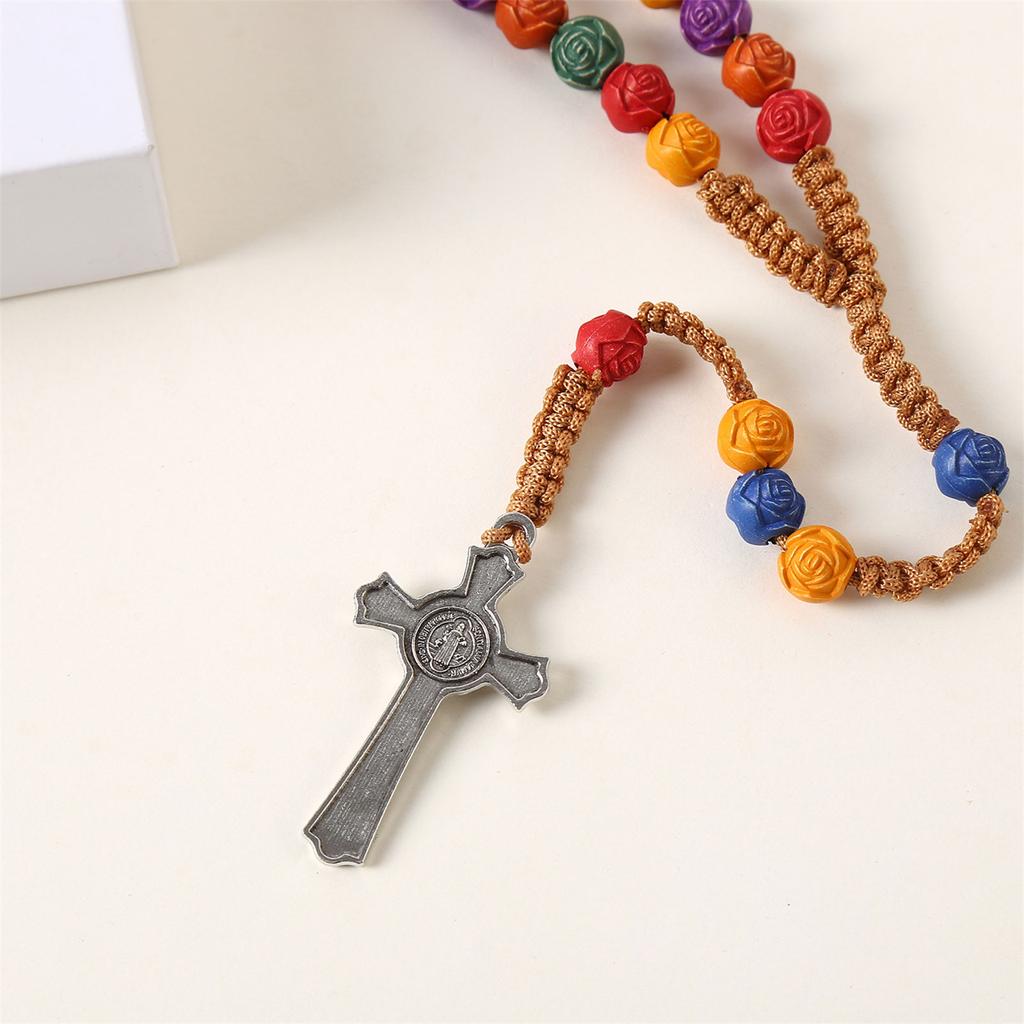 Catholic Colorful Flower Beads Rosary Necklace with Crosses Pendant Religious Chain for Prayer Jewelry and Daily Wear